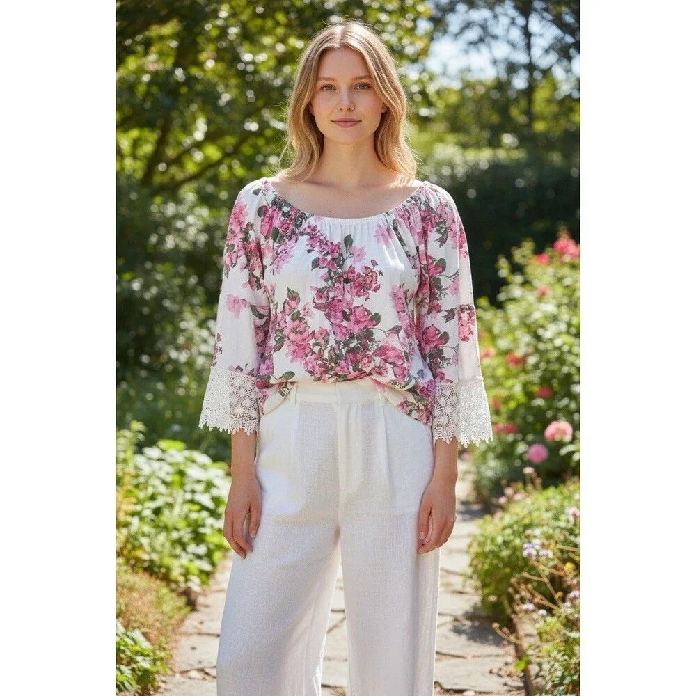 West Loop Floral Bell Lace Sleeve Tunic Top Stretch Shoulders Size Large - Picture 7 of 10